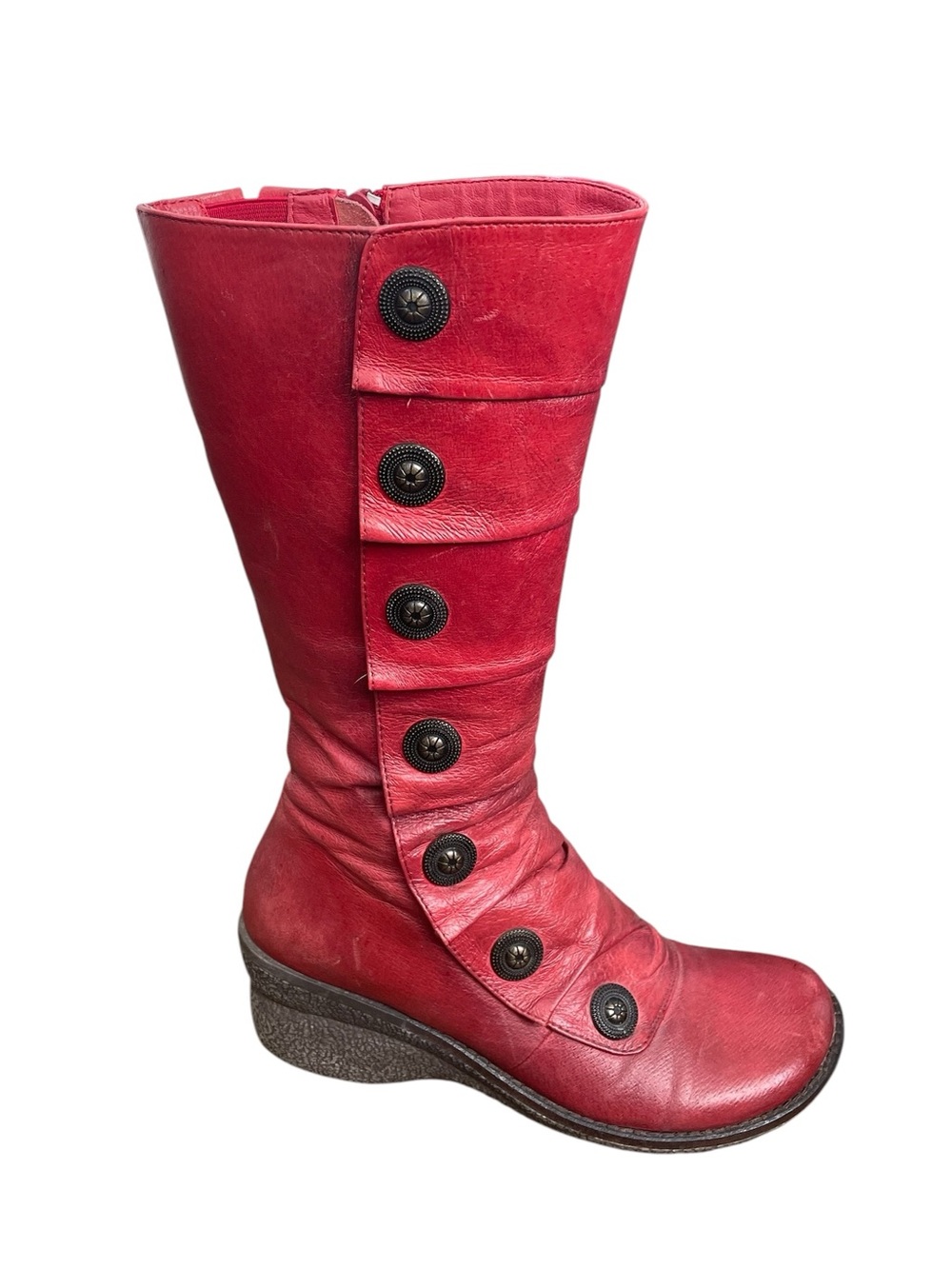 Miz Mooz Oracle Red Leather Mid-Calf Side Button Wedge Boots 36